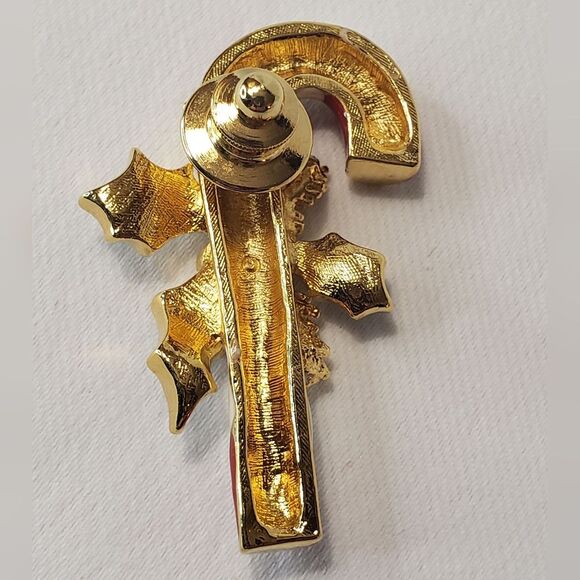 Candycane Brooch with Christmas Holly - Picture 2 of 3